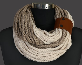 UNISEX Crochet Chain Infinity Scarf With Genuine Leather Bracelet, Loop scarf, Crochet Chain Lariat  Scarf
