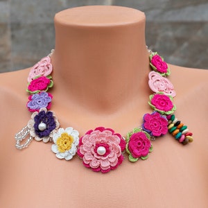 Bib Necklace With Beads, Crochet Bead Work Necklace With Natural Stone In Pink, Purple, Yellow, Green