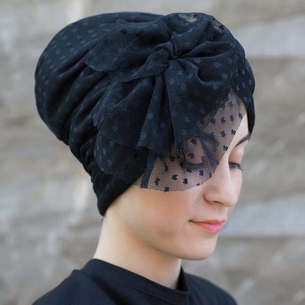 Sombrero de turbante de la década de 1940, sombrero de quimio elegante negro para ropa de noche, turbante de mujer, sombrero de alopecia
