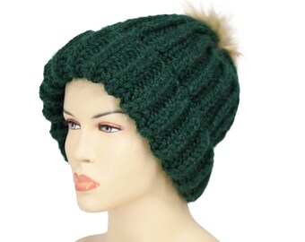 Oversized Chunky Knit Pompom Beanie, Sumptuous Chunky Yarn Oversized Winter Hat, Pine Green