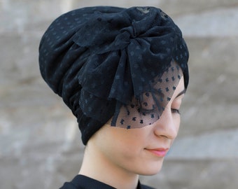 1940's Turban Hat, Black Dressy Chemo Hat For Evening Wear, Women's Turban, Alopecia Hat