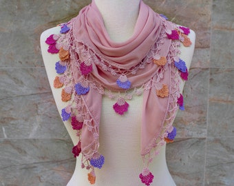 Old Rose Woman Summer Scarf, Turkish Oya Scarf, Hand Crocheted Lace Scarf