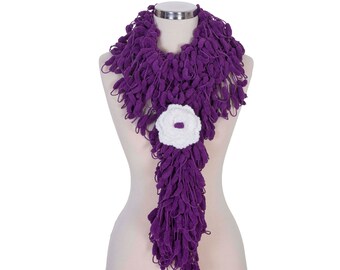 Mulberry Scarf Purple, Pom Pom Scarf, Cocoon Scarf With Removable  Crochet Brooch