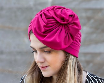 Fuchsia Front Knotted Turban, Elegant Polyester Headwear
