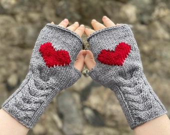Valentines Day Gift For Her, Heart Gloves, Knit Mittens Winter Gloves With Heart, Fingerless Gloves for Women, Arm Warmers, Gray, Red