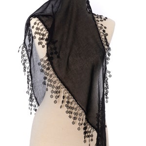 Black Fringed Lace Summer Scarf, Summer Scarf, Woman Scarf, Tassel Scarf, black image 4