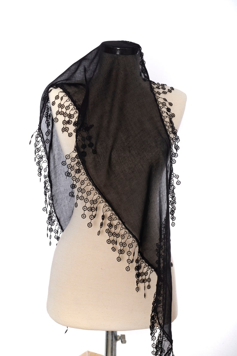 Black Fringed Lace Summer Scarf, Summer Scarf, Woman Scarf, Tassel Scarf, black image 4