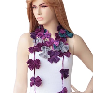 Cachecol de Crochê Lariat, Cachecol de Flor, Colar de Crochê Lariat