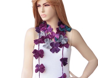 Crochet Lariat Scarf, Flower Scarf, Crochet Lariat Necklace