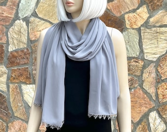 Women Regular Scarf, Summer Scarf With Handmade Needle Lace, Plain Long Woman Scarf, Silver gray