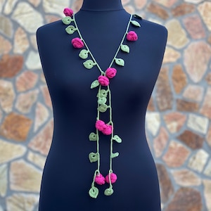 Crochet Lariat Necklace Jewelry, Crochet Flower Lariat Scarf, Crochet Necklace