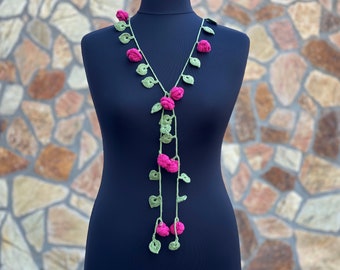 Crochet Lariat Necklace Jewelry, Crochet Flower Lariat Scarf, Crochet Necklace