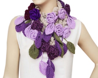 Crochet Lariat Scarf, Flower Crochet Scarf, Purple, Lilacs, Unique