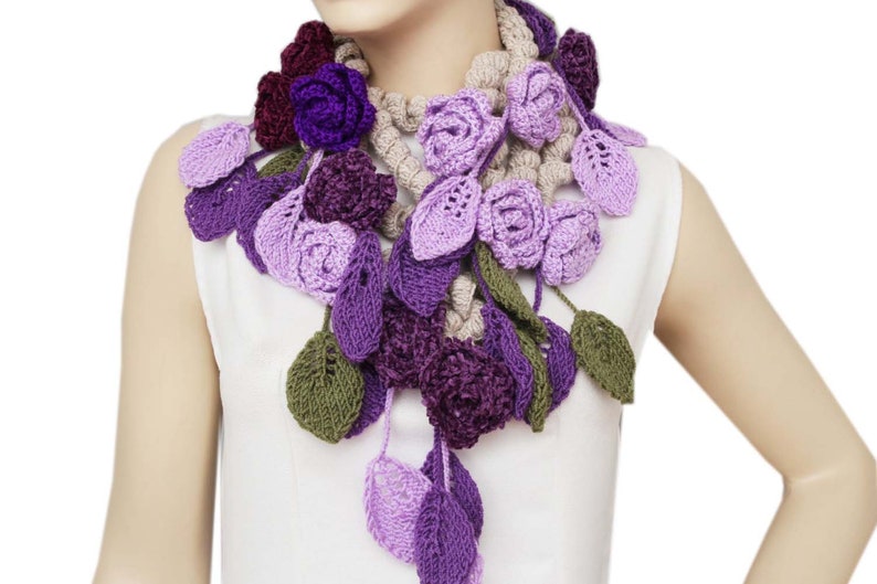 Crochet Lariat Scarf, Flower Crochet Scarf, Purple, Lilacs, Unique image 1