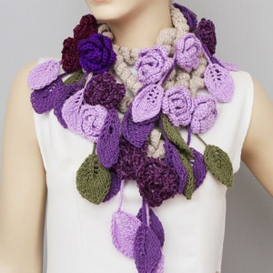 Crochet Lariat Scarf, Flower Crochet Scarf, Purple, Lilacs, Unique image 3