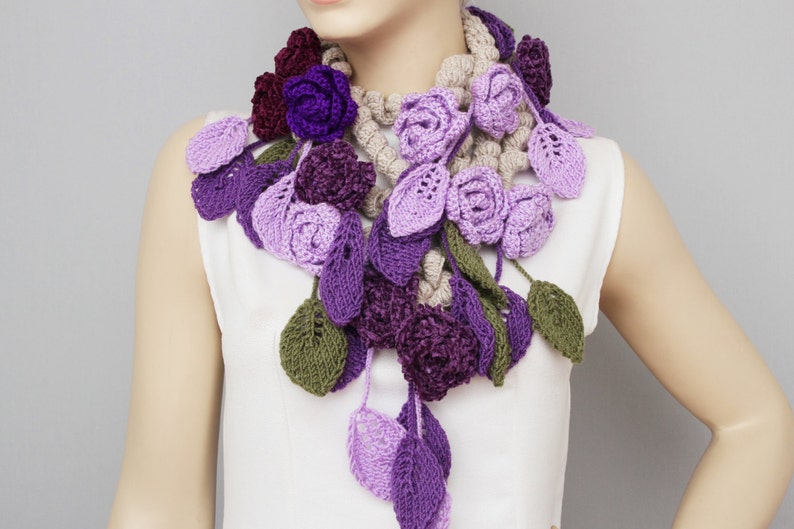 Crochet Lariat Scarf, Flower Crochet Scarf, Purple, Lilacs, Unique image 3