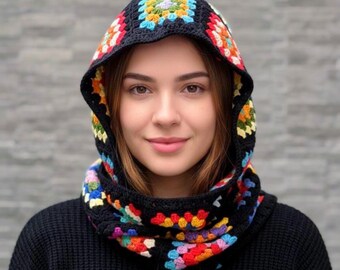 Crochet Granny Square Hooded Scarf, Boho Style Balaclava Shawl