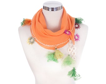 Summer Scarf, Hand Crocheted Lace Scarf, Tassel Scarf, Lace Scarf, Orange