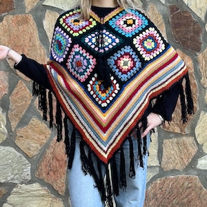 Christmas Gift For Her, Poncho, Crochet Poncho, Boho Poncho, Granny Square Poncho, Hippie Poncho, Festival Poncho-READY FOR SHIPPING