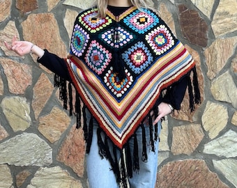 Kerstcadeau voor haar, poncho, gehaakte poncho, boho poncho, oma vierkante poncho, hippieponcho, festivalponcho KLAAR VOOR VERZENDING