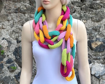 Bunter Häkel-Lariat-Schal aus Baumwolle: Halskette gestrickt, 188 cm