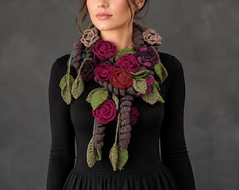 Crochet Flower Scarf, Handmade Floral Scarf, Boho Rose Scarf, Long Crochet Scarf, Statement Neck Wrap, Unique Gift for Her