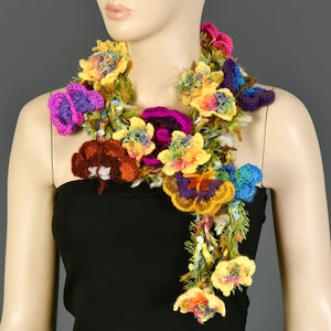 Colorful Crochet Spring Flower Scarf With Butterflies and Flowers, Crochet Necklace Scarf, Crochet