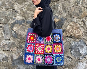 Woman Tote Bag, Granny Square Crochet Bag, Crochet Bag, Shoulder Bag, Denim Color