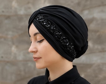 Black Embellished Evening Turban, Rhinestone Top Knot Hat, Polyester Spandex Headwear