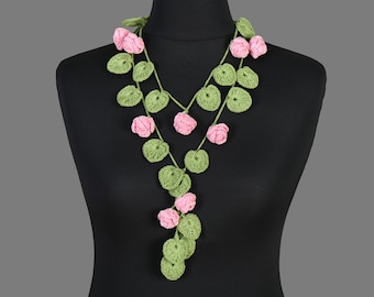 Crochet Lariat Necklace Jewelry, Crochet Flower Lariat Scarf, Crochet Necklace, Pink Roses Necklace