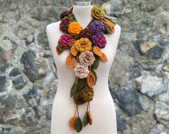 Crochet Lariat Necklace Scarf, Flower Necklace scarf,Pale Colors, Winter Colors, Autumn Colored Scarf