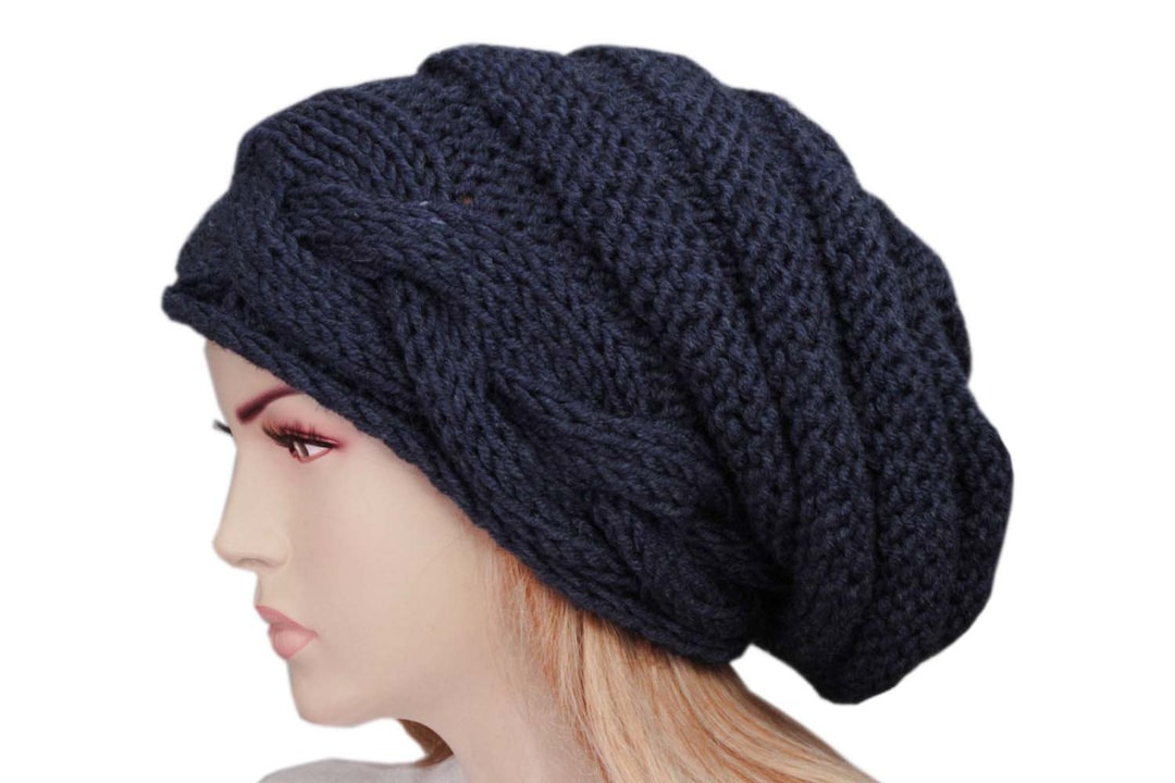 Wool Hats Slouchy Beanie Hat Womens Uk Navy Cable Knit  display picture 1