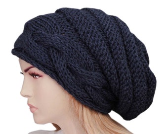 Slouchy Beanie, Oversize Beanie Hat, Winter Knit Hat, For Woman In Dark Blue, Navy - COLOR OPTION AVAILABLE