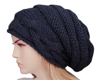 Navy Cable Knit Slouchy Beanie: Wool Acrylic Blend