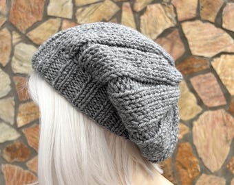 Gorro de malha de inverno, gorro largo, gorro grande, chapéu cinza - OPÇÃO DE COR DISPONÍVEL
