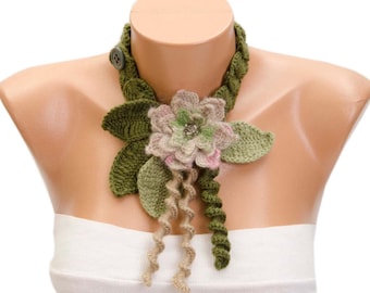 Crochet Scarf, Long Scarf, Crochet Floral Necklace Scarf