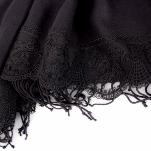 Thick Luxurious Black, Pashmina Shawl Scarf, With Black French Lace Border, Bridesmaid Shawl, Bridesmaid Gift, Black image 3