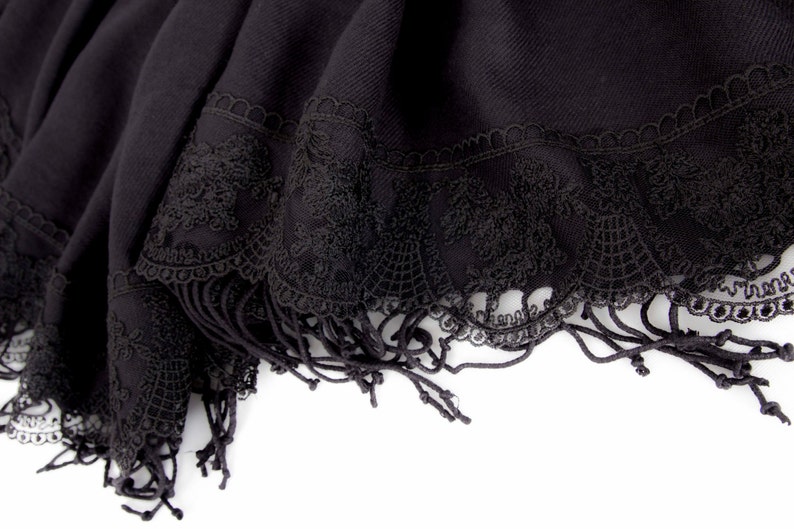 Thick Luxurious Black, Pashmina Shawl Scarf, With Black French Lace Border, Bridesmaid Shawl, Bridesmaid Gift, Black image 3