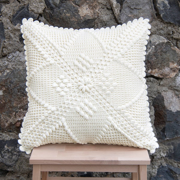 Cotton Textured Rustic Crochet Pillow Cover, Bubble Stitch Crochet Pillow, Knit Pillow Cover, Cushion Cover, Light Cream