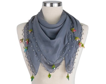 Gray Scarf, Woman's Summer Scarf, Turkish Oya Scarf, Yazma Scarf