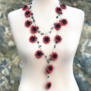 Deep Red Beaded Necklace Jewelry, Poppy Crochet Necklace, Oya Crochet Flower Necklace