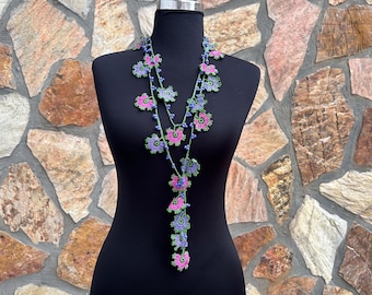 Crochet Strand Oya Necklace Jewelry With Natural Stones, Turkish Oya Necklace, Crochet Flower Necklace, Lila Fuchsia and Green shades