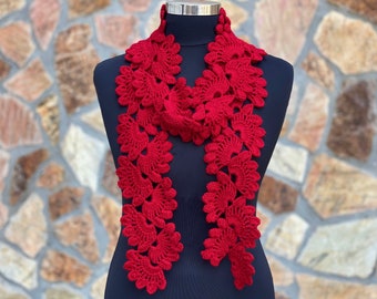 Crochet Scarf, Red Long Scarf, Woman Scarf, Winter Scarf, Red Christmas Scarf