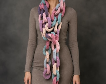 Crocheted Chain Loop Lariat Scarf ,Colorful Knit Necklace Scarf