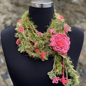 Flower Crochet Lariat Scarf, Lariat Crochet Jewelry, Flower Wrap Scarf, Woman Necklace
