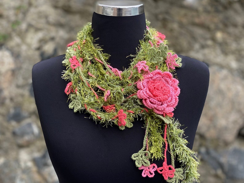 Flower Crochet Lariat Scarf, Lariat Crochet Jewelry, Flower Wrap Scarf, Woman Necklace image 1