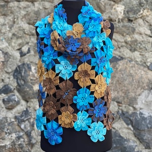 Crochet Long Flowers Scarf,  Crochet Scarf, Flower Long Scarf, Woman Colorful Scarf, Brown, Blue, Mustard