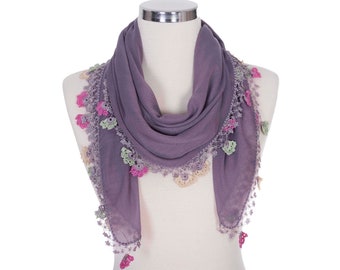 Oval Shaped, Turkish Oya Scarf, Summer Scarf with Hand Crocheted Lace Circles and Tassel, Deep Lilacs