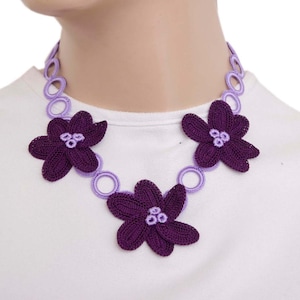 Sale-Crocheted Bib Necklace, Crochet Flowered Necklace, In Purple Lilacs
