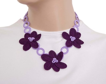 Sale-Crocheted Bib Necklace, Crochet Flowered Necklace, In Purple Lilacs